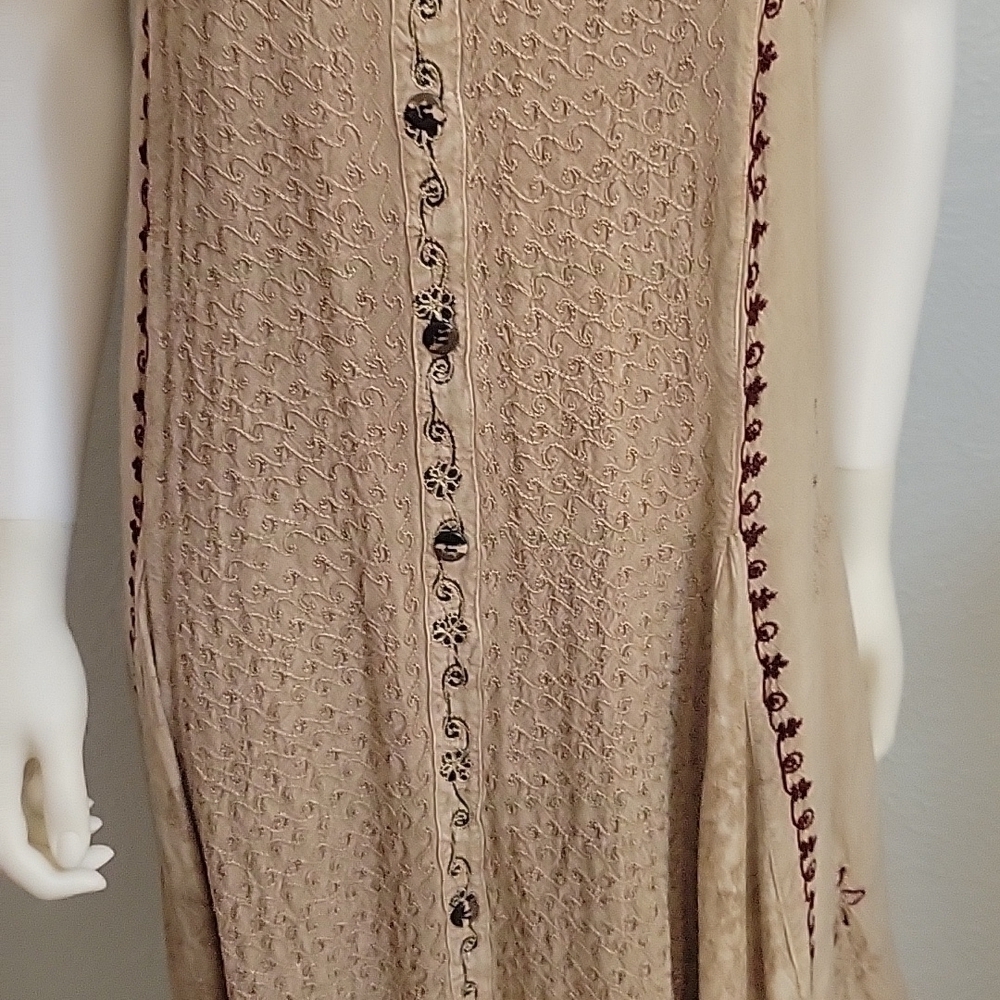 VTG MAGIC 1980s Tan Floral Embroidered Tie Back Sleeveless Circle Dress - Picture 7 of 16